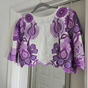 FARM RIO Crop Blouse - Purple and Cream, Size Medium